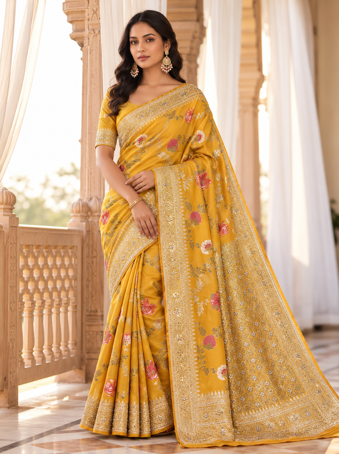 Mustard Yellow Saree with Floral Motifs and Golden Embellished Pallu Main image