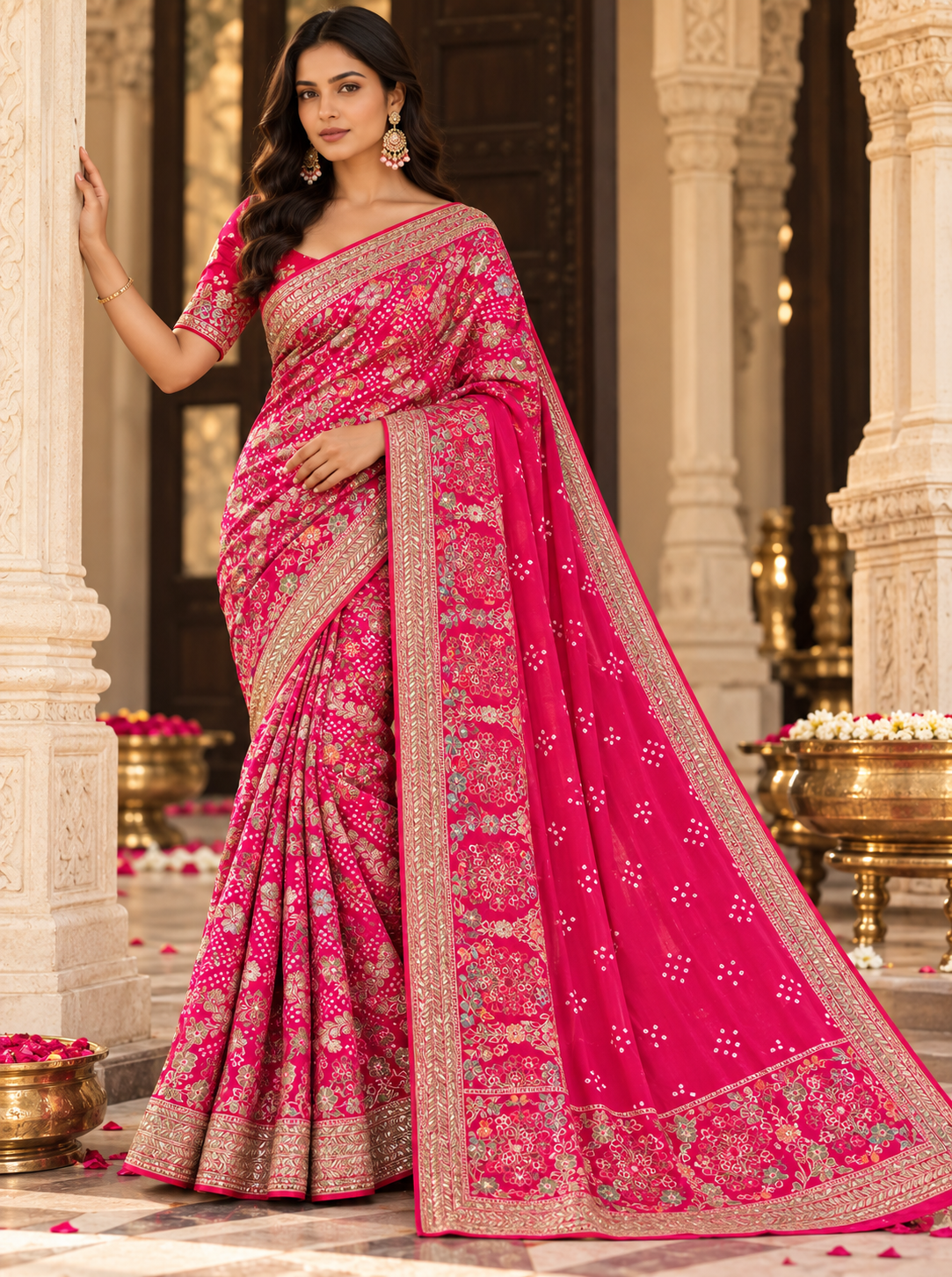 Pink Floral Embroidered Saree with Elegant Detailed Pallu Main image