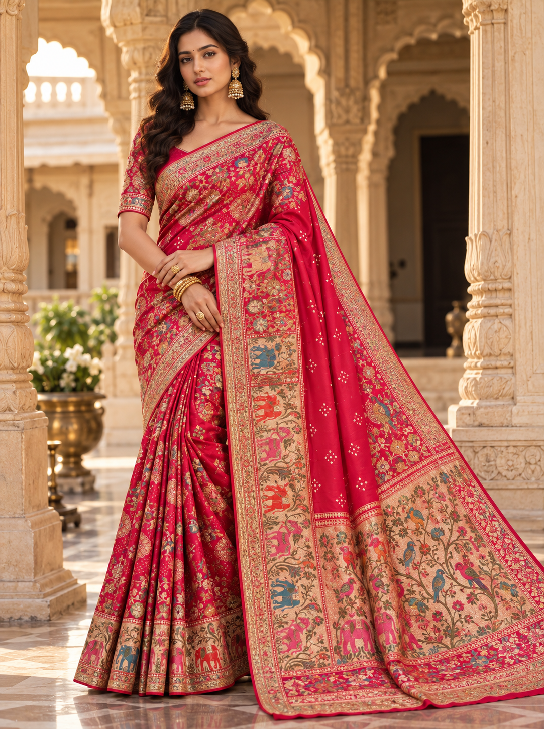 Coral Red Floral Printed Saree with Multicolour Traditional Pallu Main image
