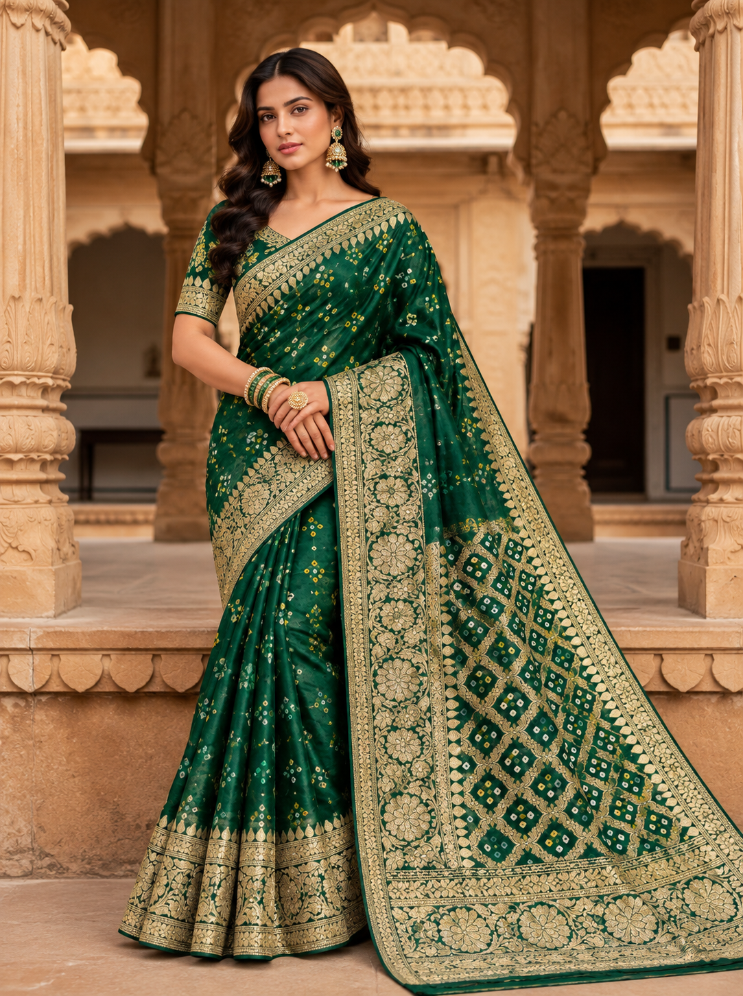 Emerald Green Embroidered Saree with Intricate Gold Pallu Main image