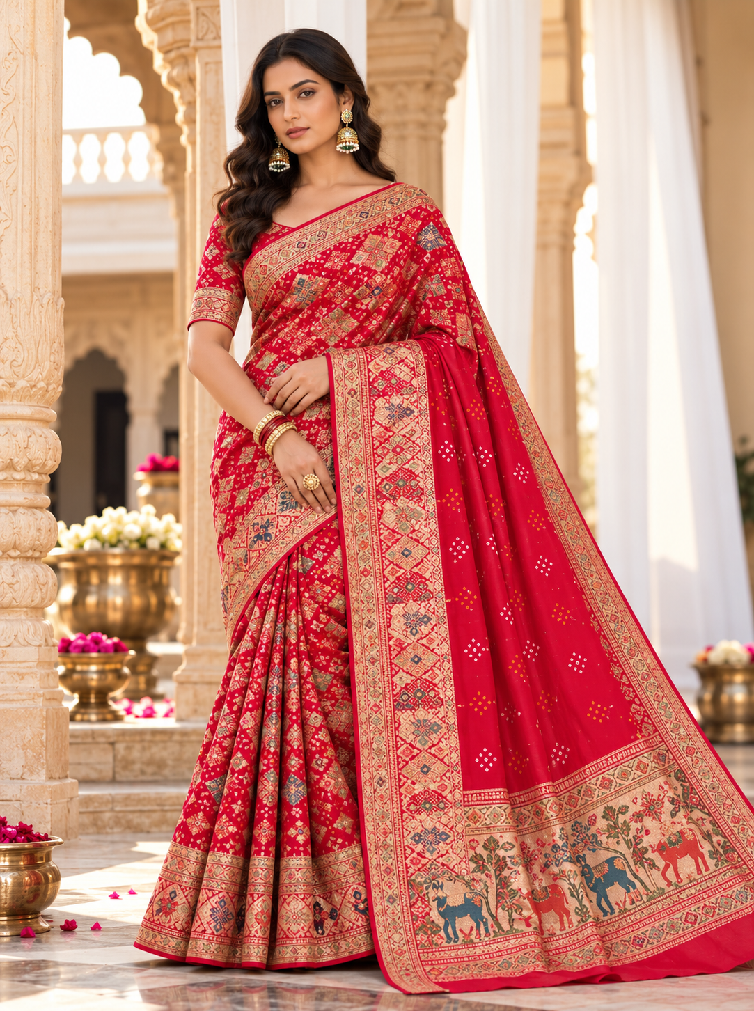 Coral Red Traditional Saree with Intricate Printed Pallu