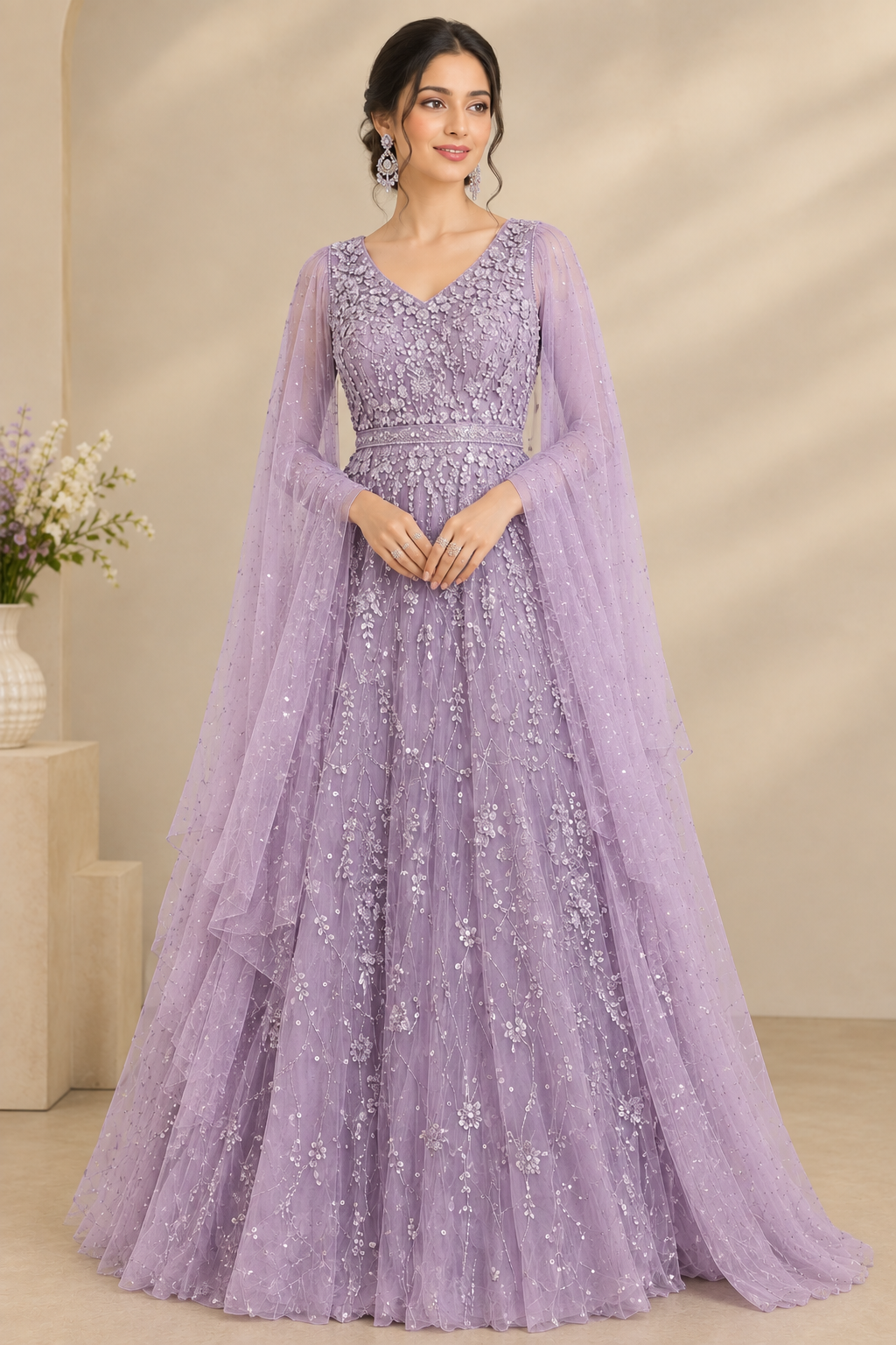 Lavender Whisper Cape-Sleeve Gown