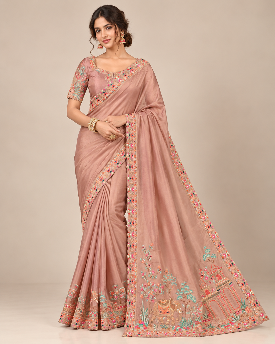 Peach Soft Saree with Multicolour Embroidered Border Main image