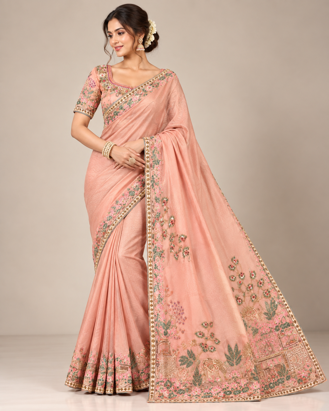 Peach Soft Saree with Floral Embroidered Border