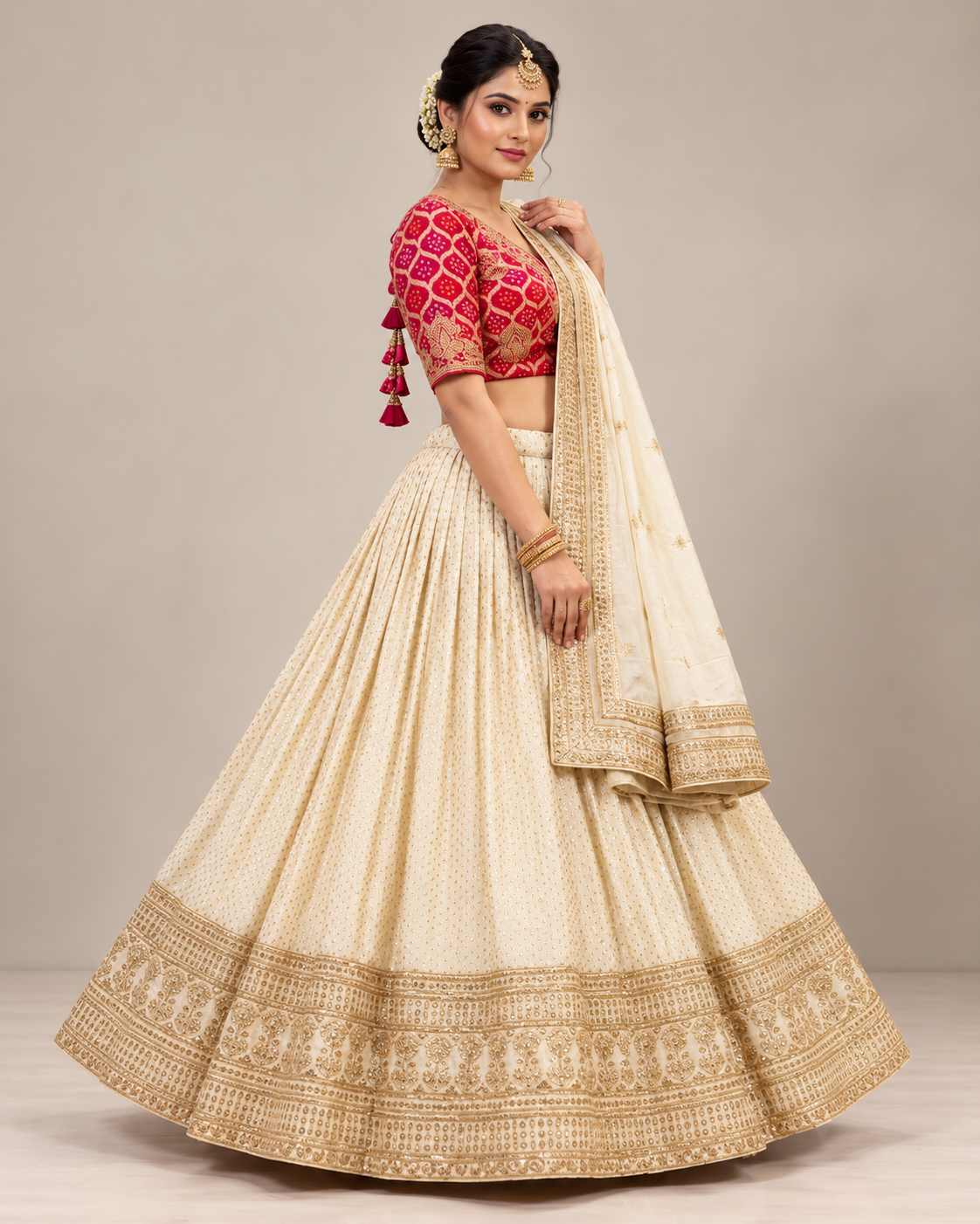 Cream & Red Embroidered Lehenga Choli with Dupatta Main image