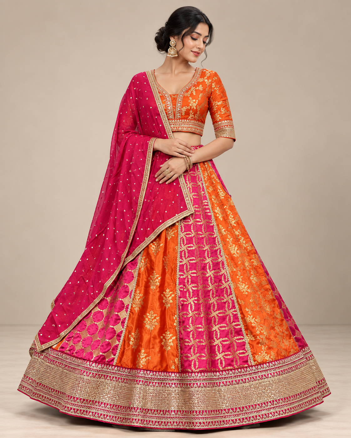 Rani Pink & Orange Embroidered Lehenga Choli with Dupatta Main image