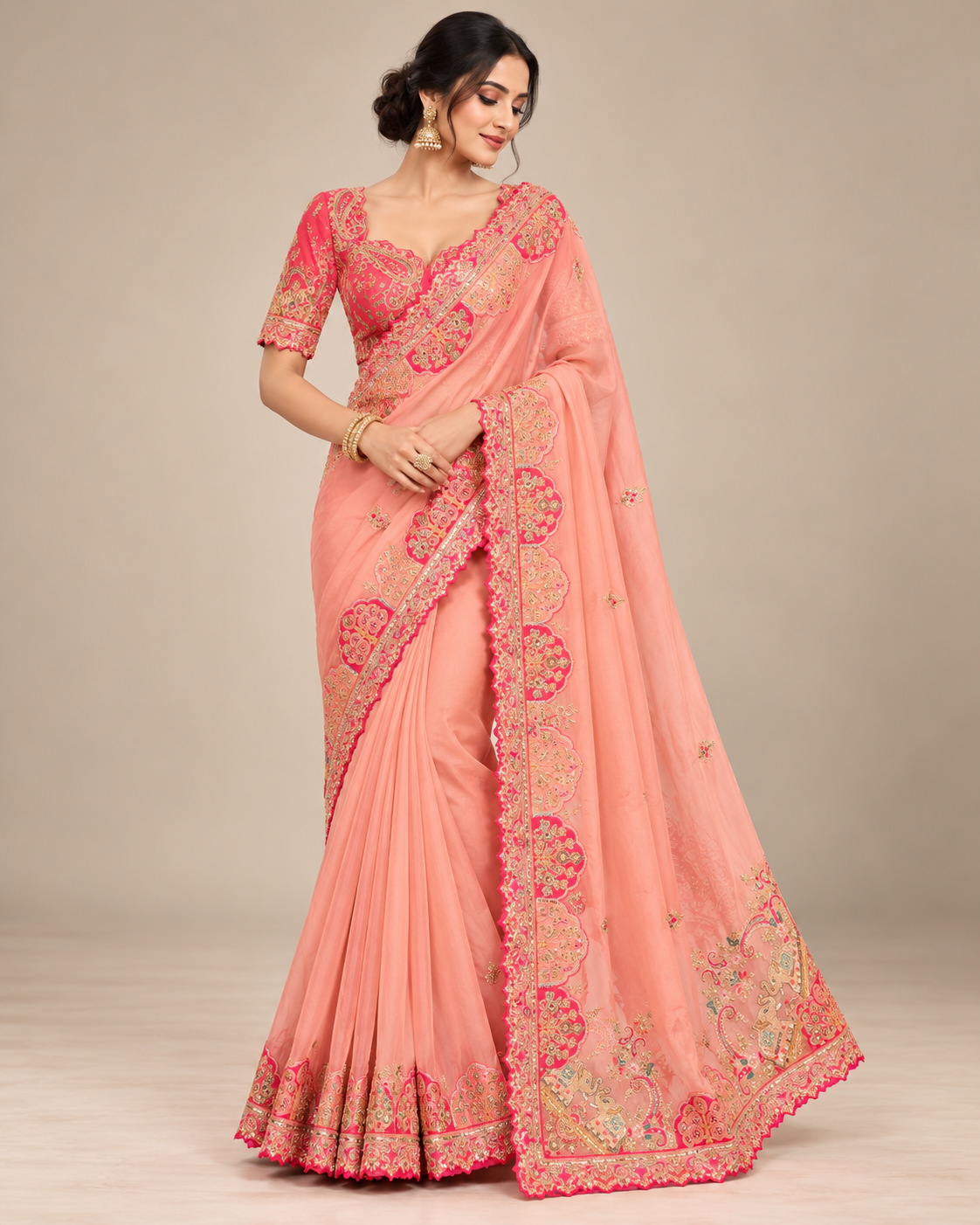 Peach Soft Saree with Rani Pink Embroidery Main image