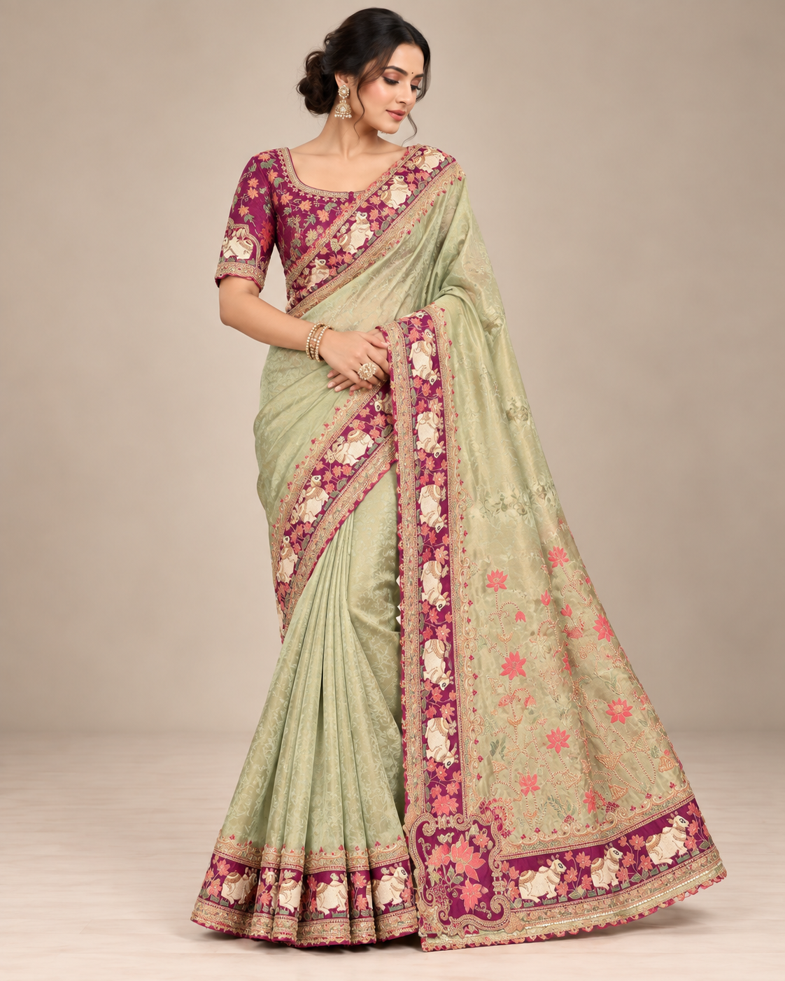 Pista Green Soft Saree with Magenta Woven Border Main image