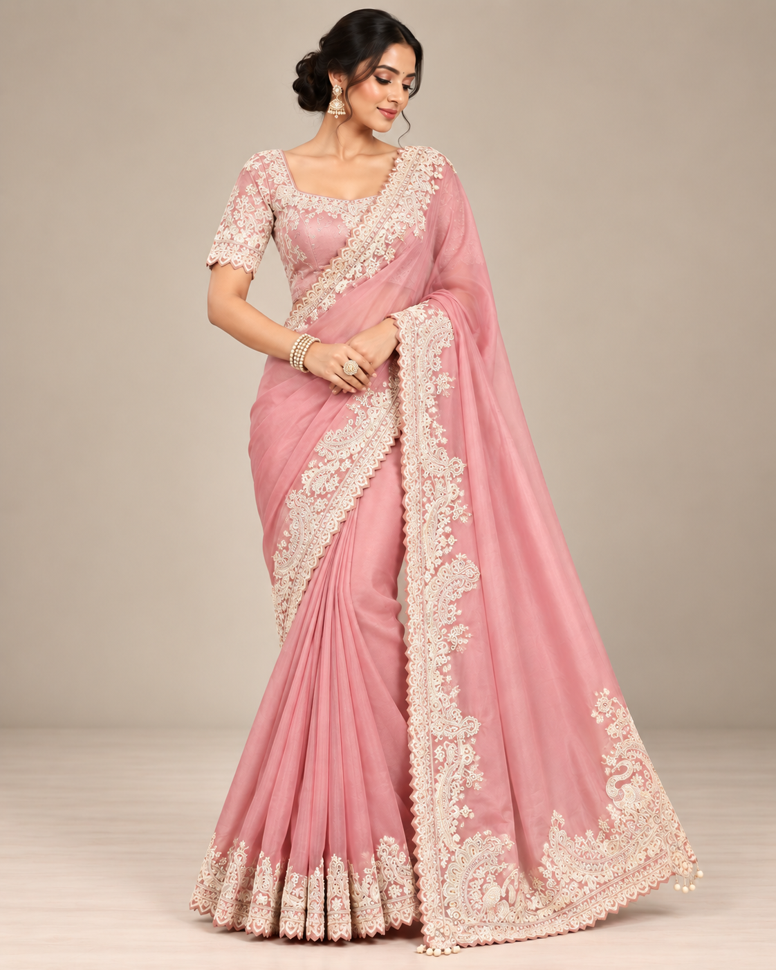 Blush Pink Soft Saree with Ivory Embroidery Main image
