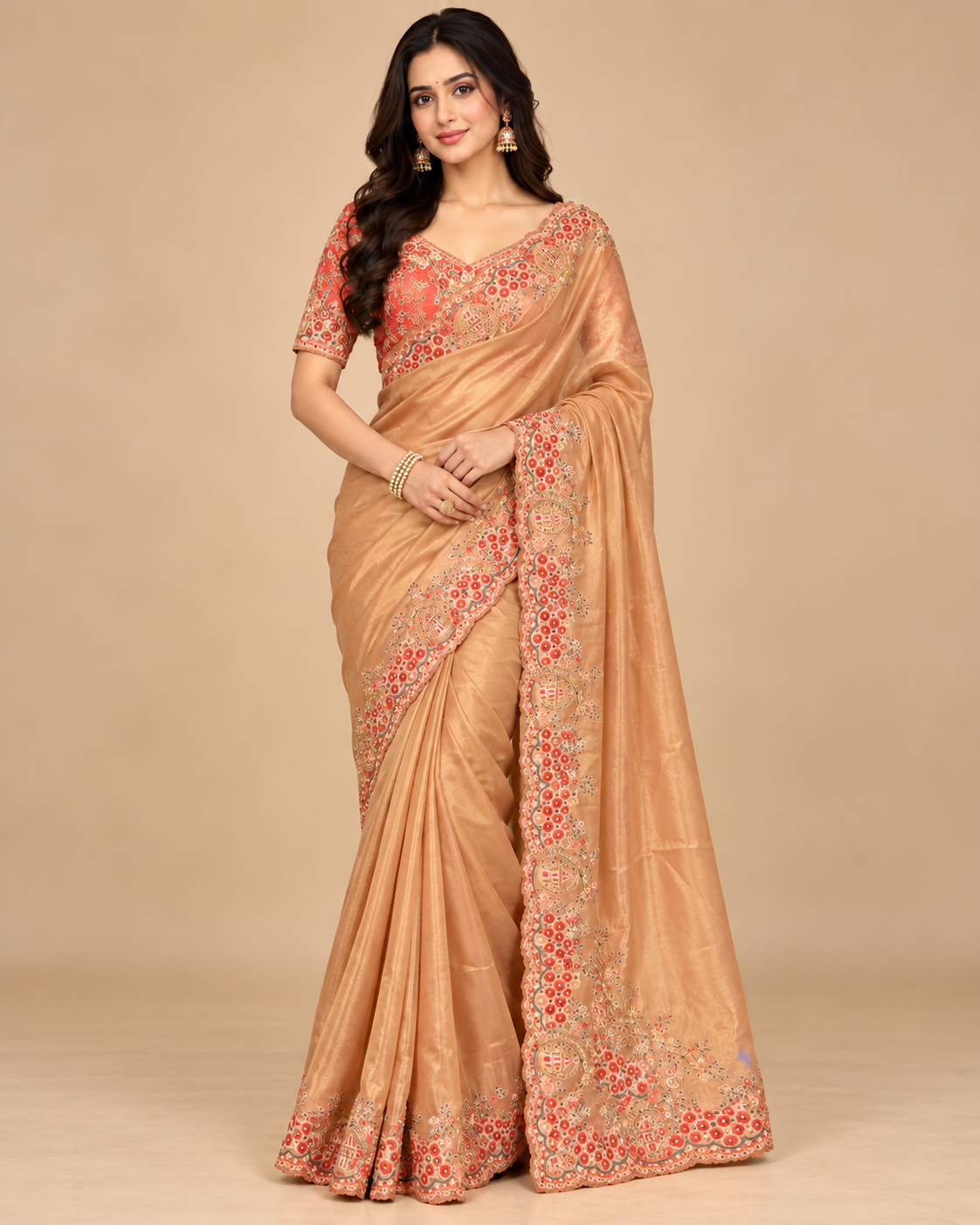 Champagne Soft Saree with Coral Embroidery