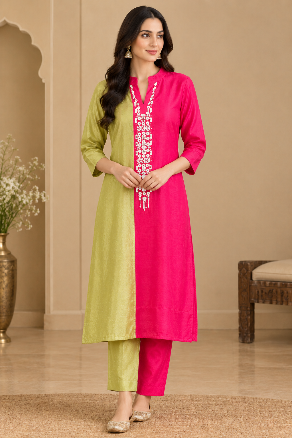 Rani Pink & Lime Olive Color-Blocked Co-Ord Set