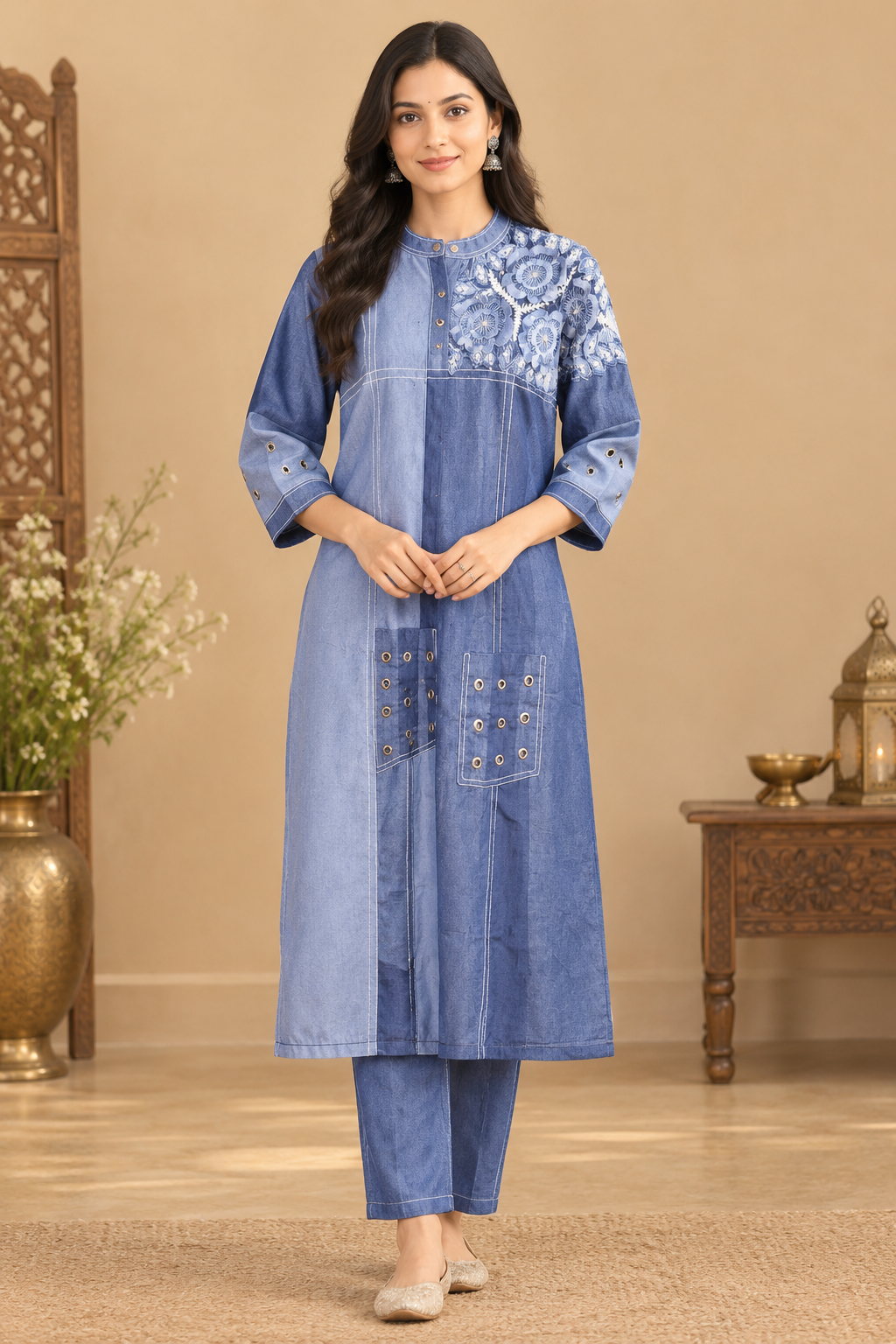 Denim Blue Embroidered Patchwork Co-Ord Set