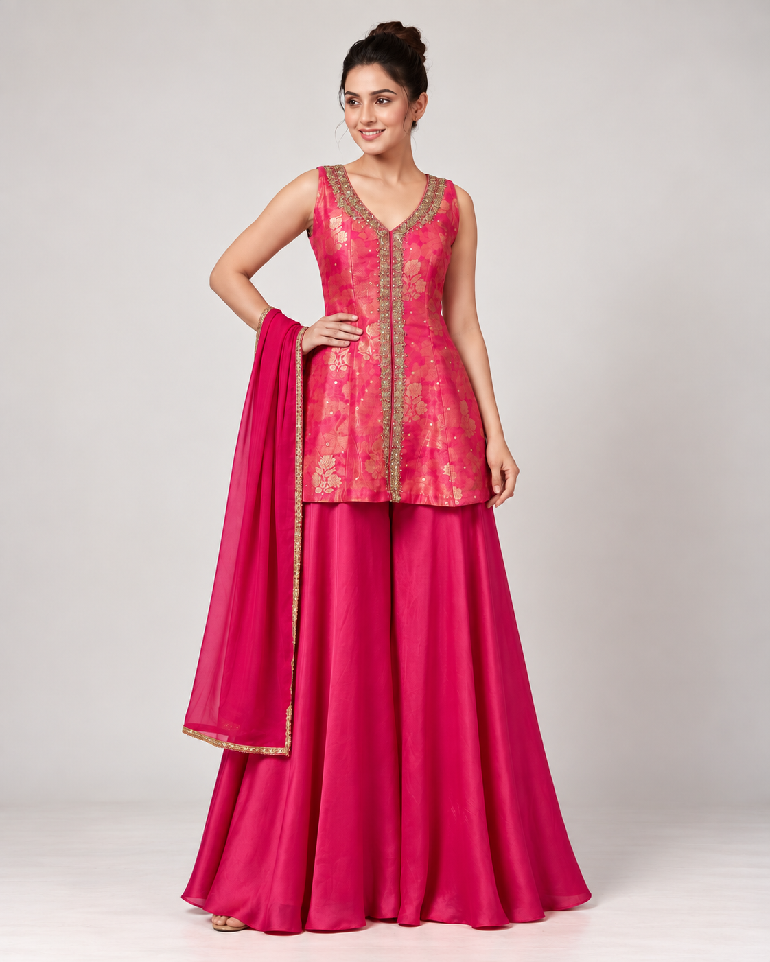 Elegant Peach Brocade Sharara Suit with Dupatta