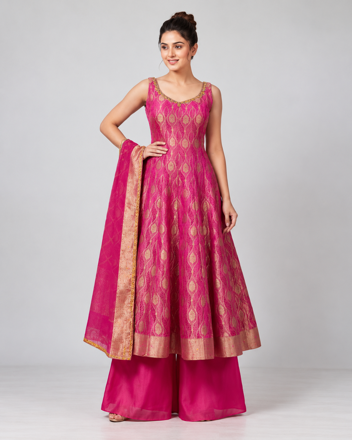 Elegant Rani Pink Brocade Anarkali Palazzo Suit with Dupatta
