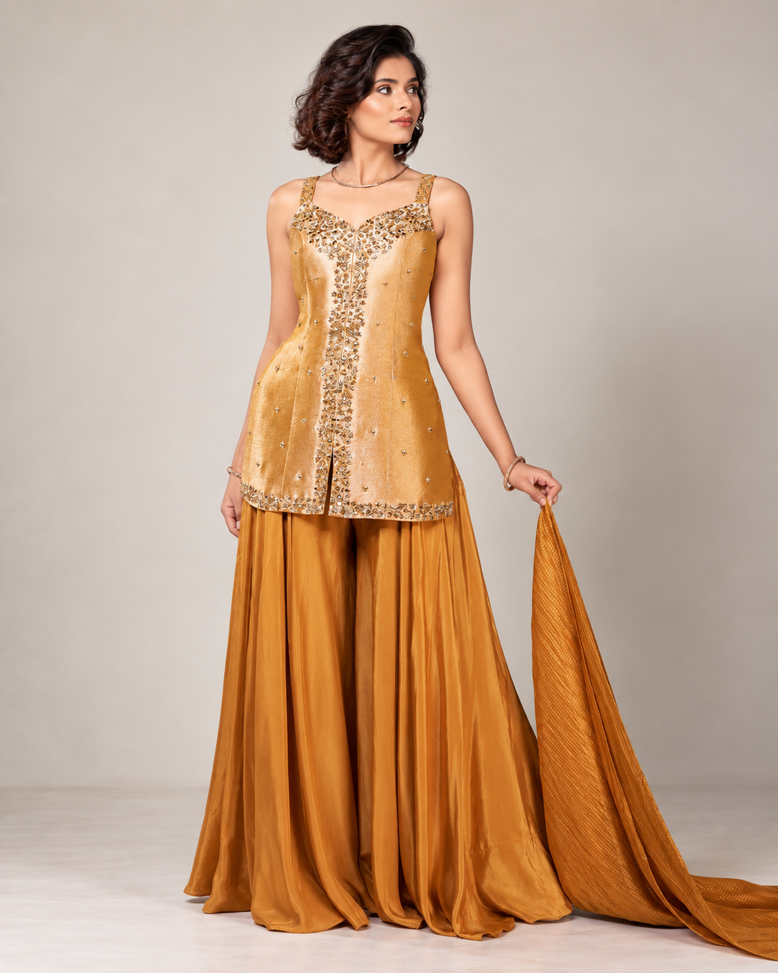 Embellished Sleeveless Kurti Palazzo Set with Dupatta