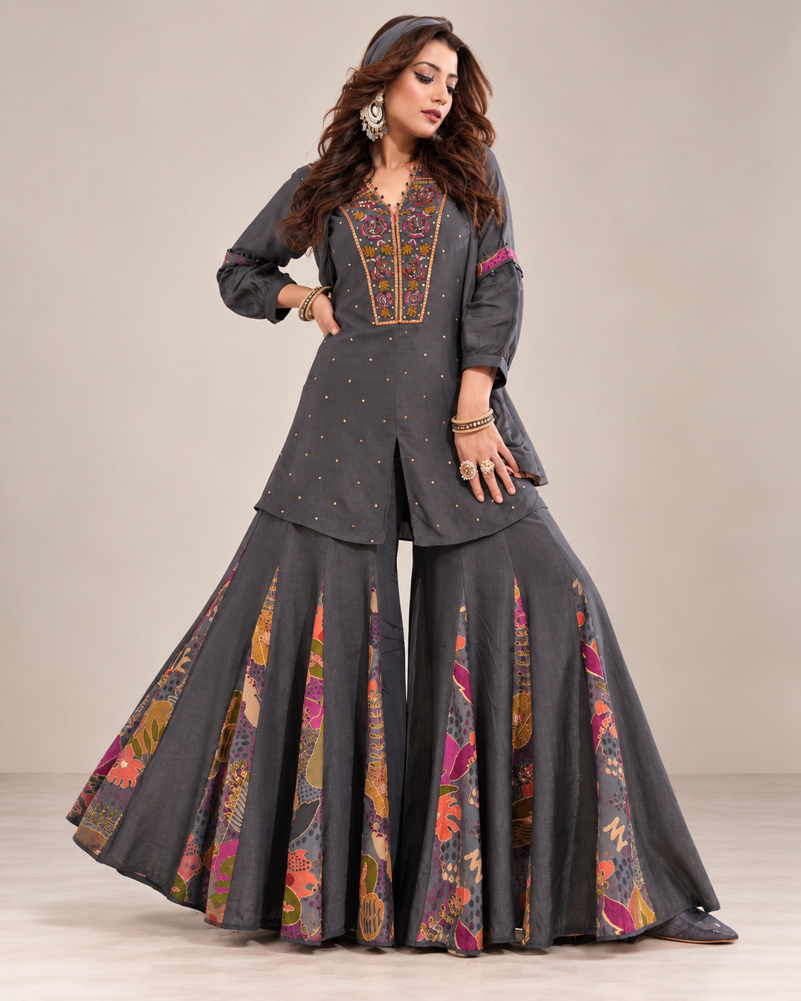 Contemporary Embroidered Kurti with Flared Palazzo Set