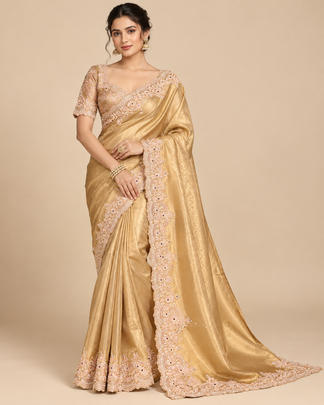 Golden Silk Saree with Intricate Embroidered Border
