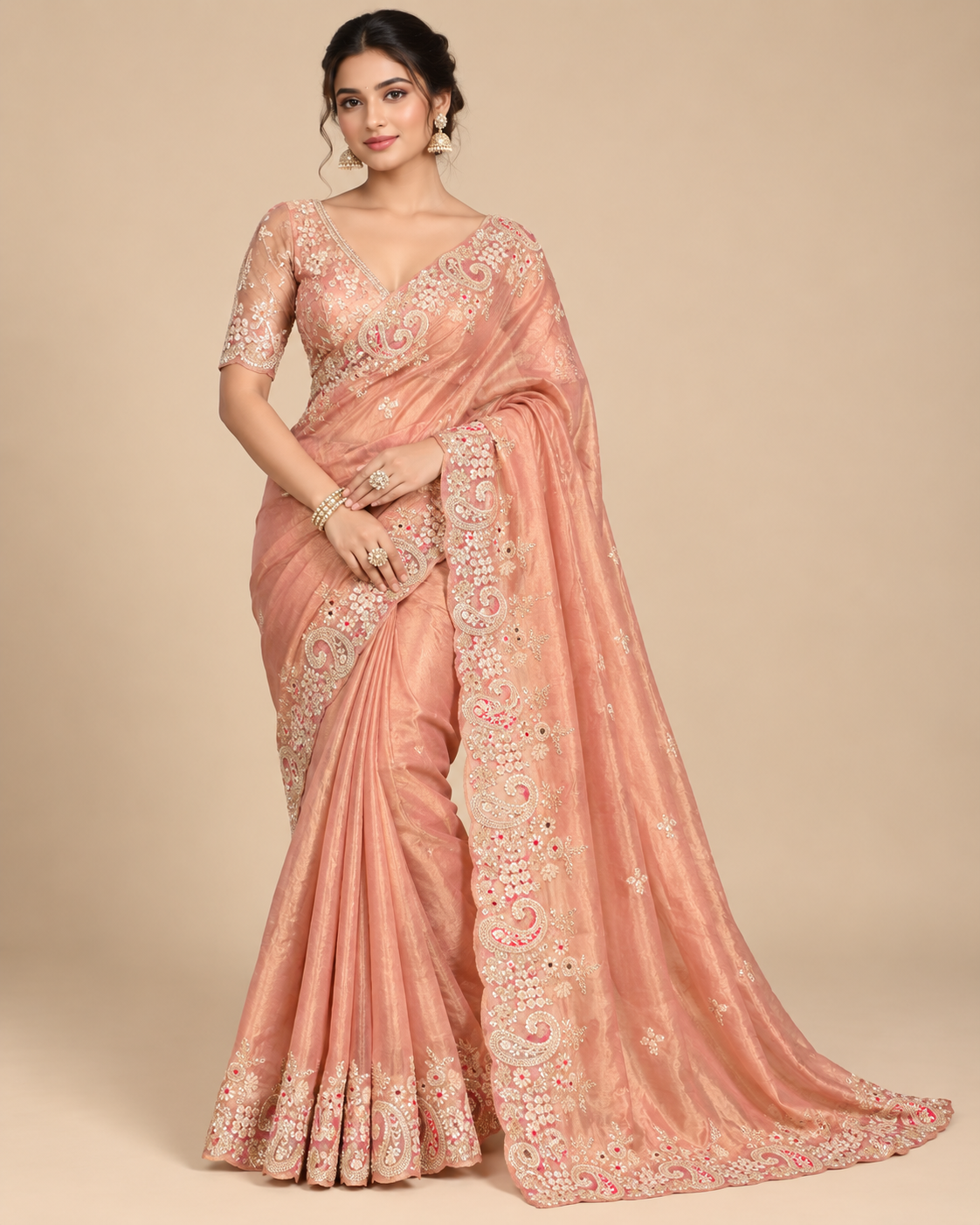 Peach Soft Saree with Intricate Embroidered Border