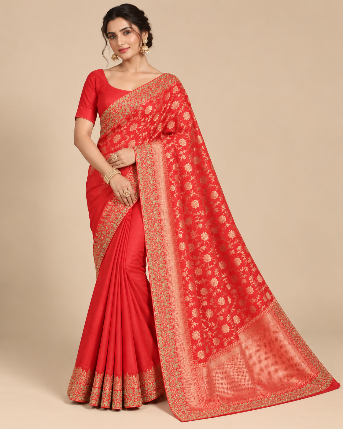 Red Silk Saree with Traditional Woven Border