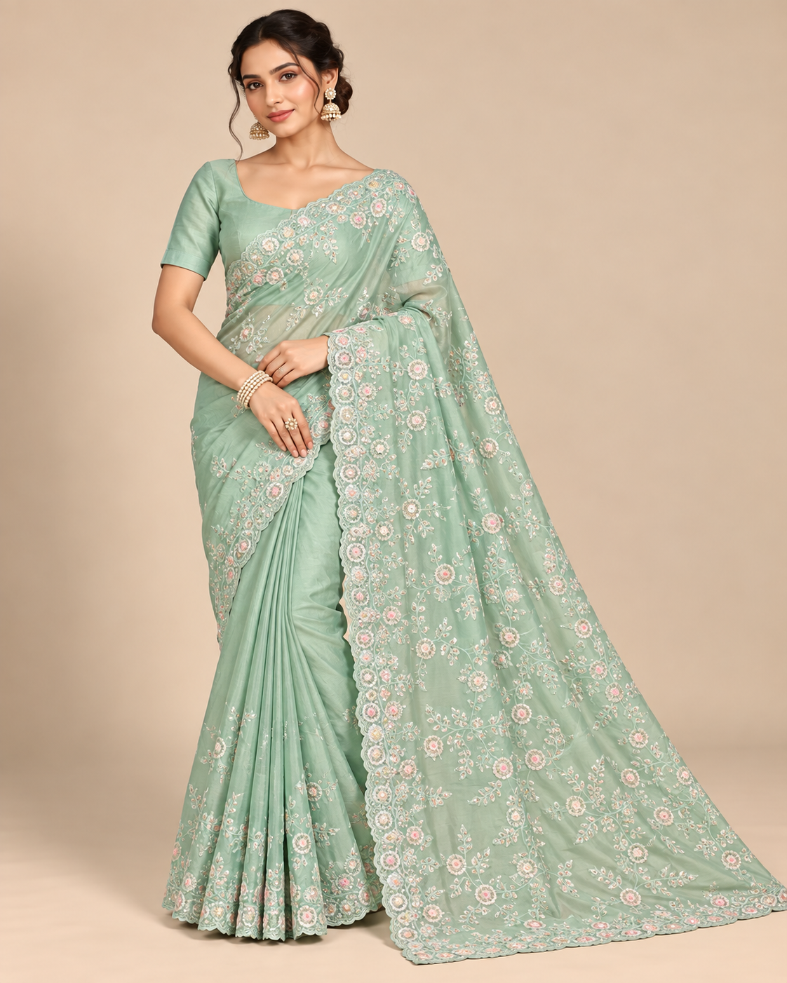 Pista Soft Saree with All-Over Botanical Embroidery Main image