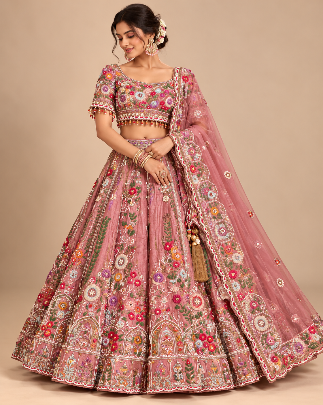 Rose Embroidered Lehenga with Multicolour Floral Work Main image