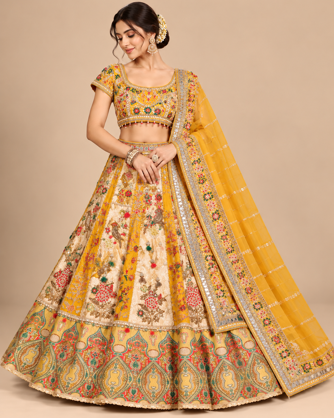 Mustard Embroidered Lehenga with Multicolour Traditional Work Main image