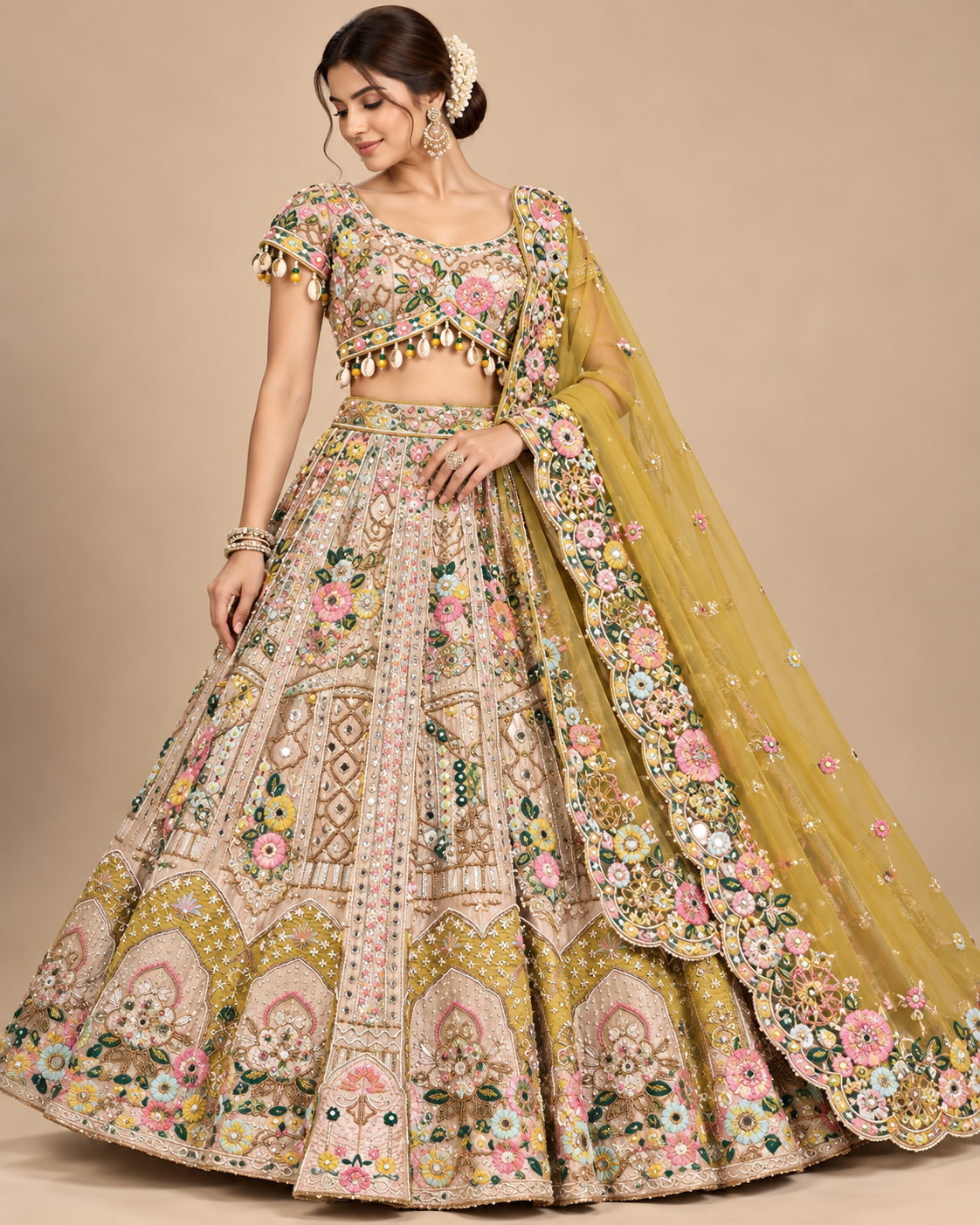 Beige Multicolour Embroidered Lehenga Set Main image