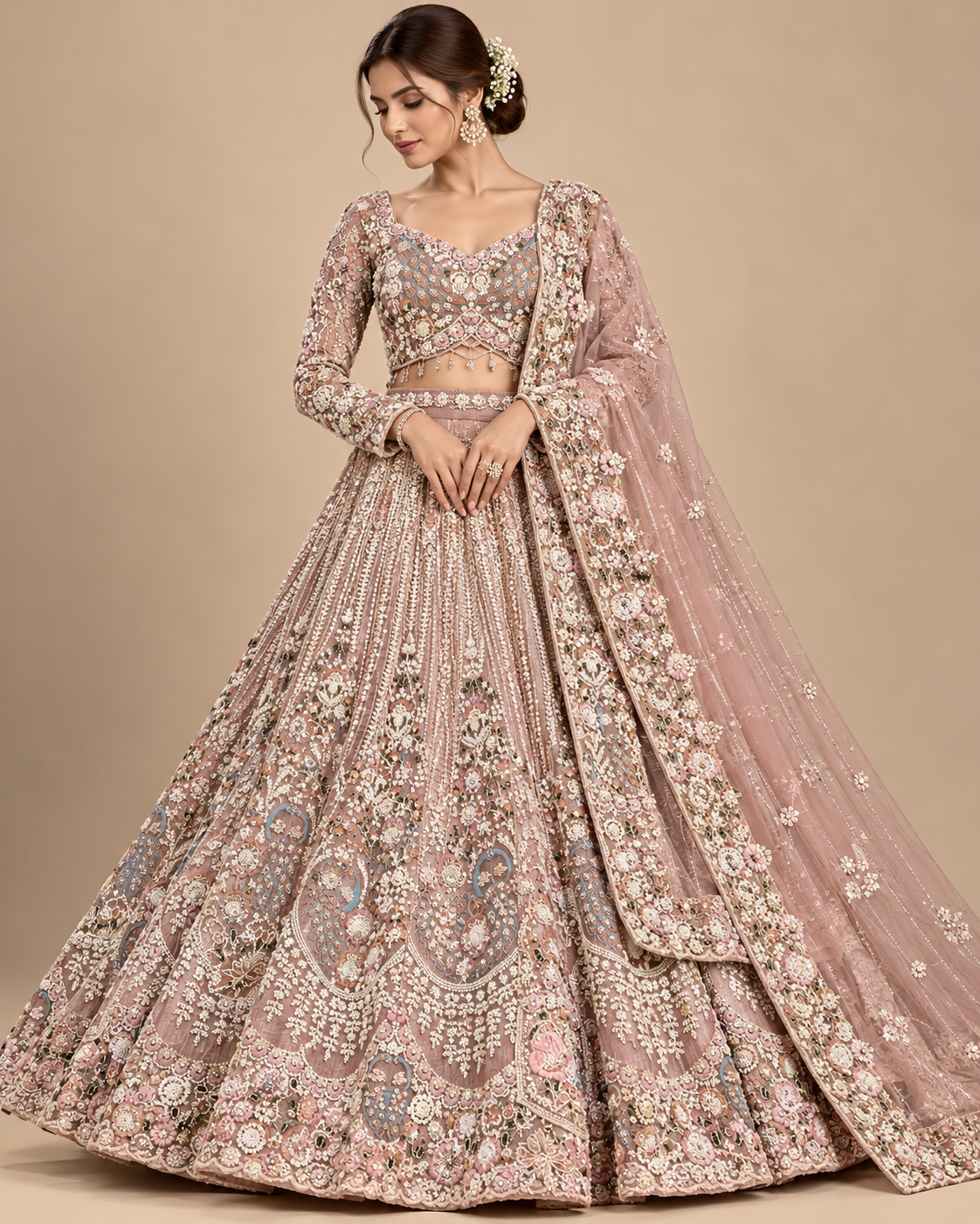 Dusty Rose Net Embroidered Lehenga Set Main image