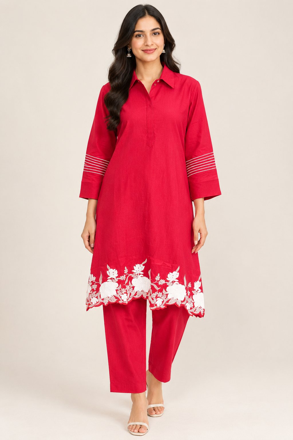 Crimson Floral Embroidered Co-Ord Set