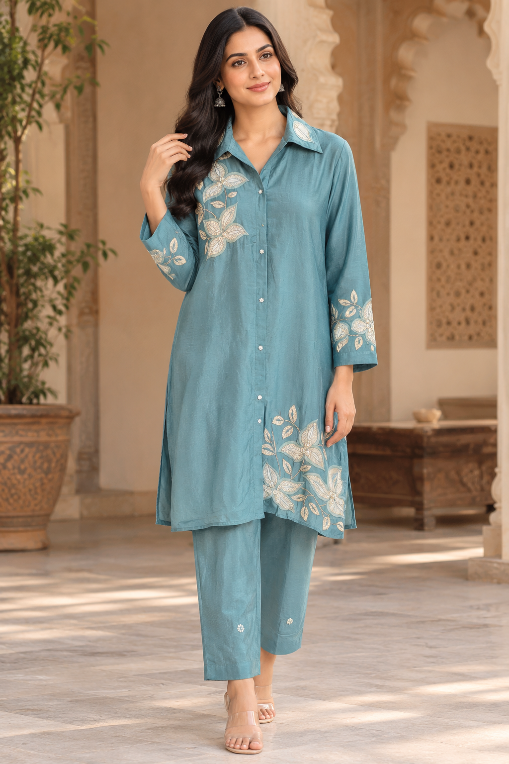 Teal Blue Floral Embroidered Silk Co-Ord Set