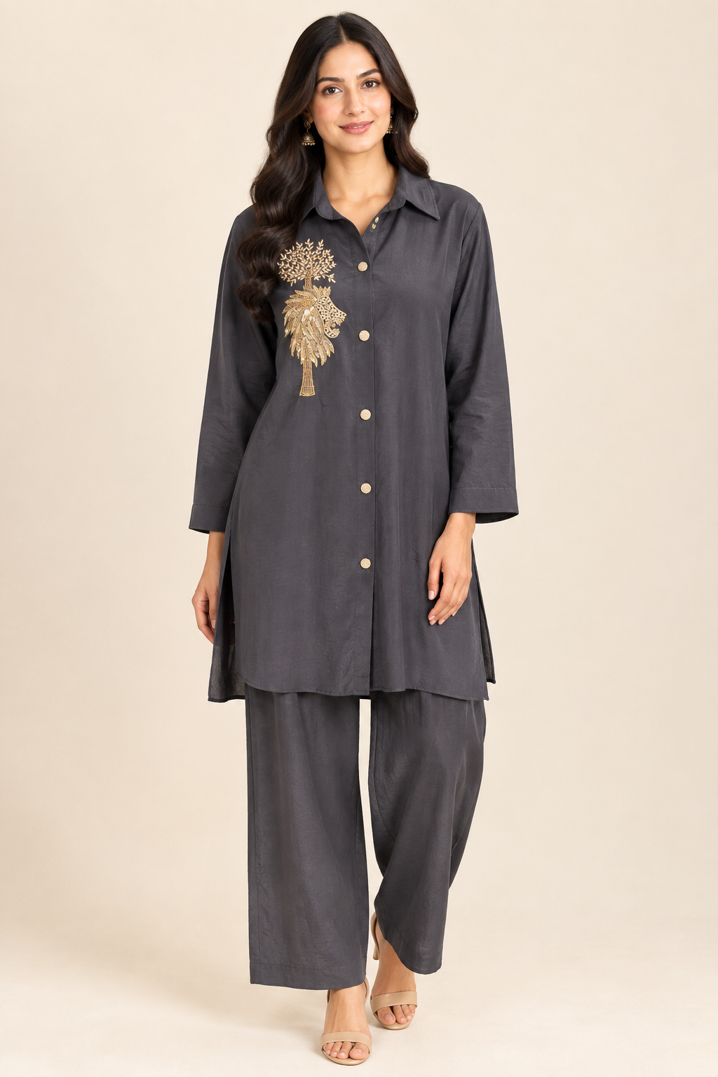 Charcoal Grey Tree Motif Embroidered Co-Ord Set Main image