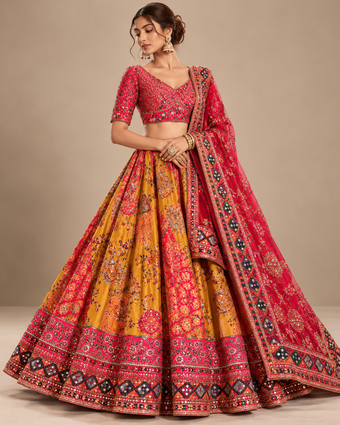 Mustard & Rani Embroidered Lehenga Set Main image
