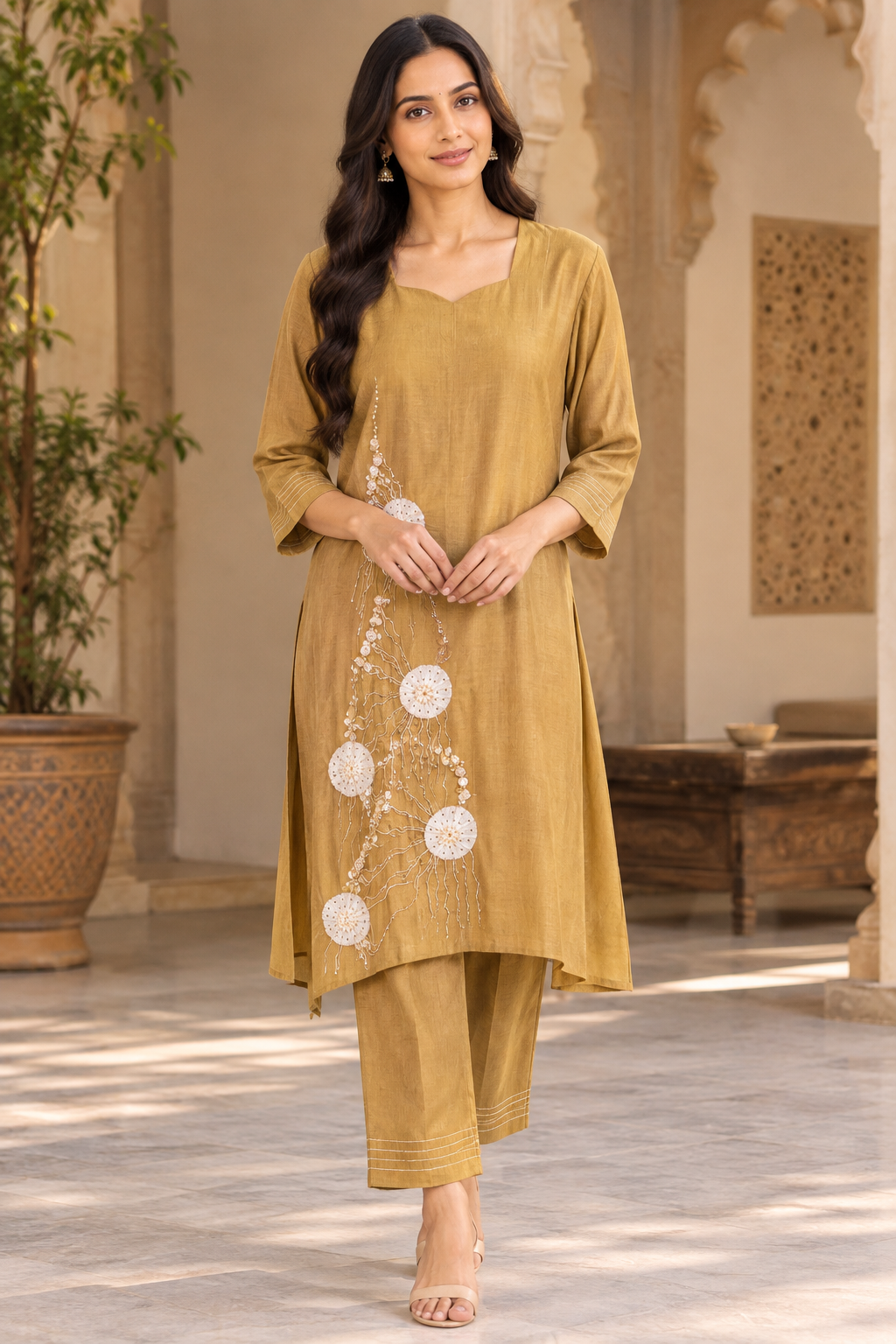 Mustard Yellow Floral Applique Co-Ord Set