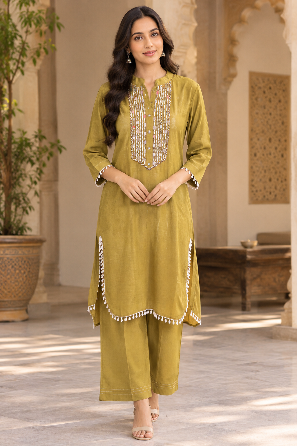 Olive Green Mirror Embroidered Co-Ord Set Main image