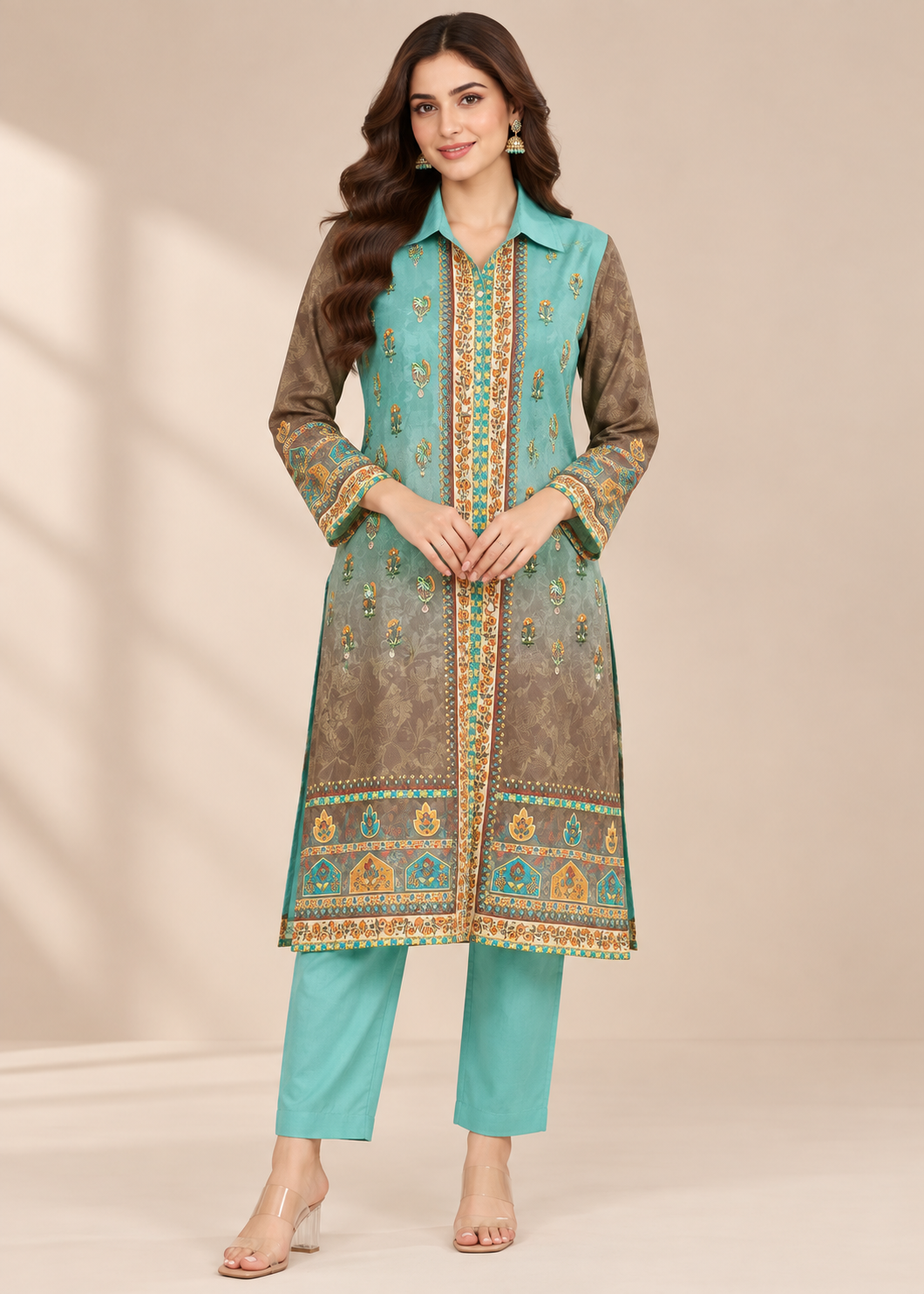 Turquoise & Earthy Brown Printed Co-Ord Set