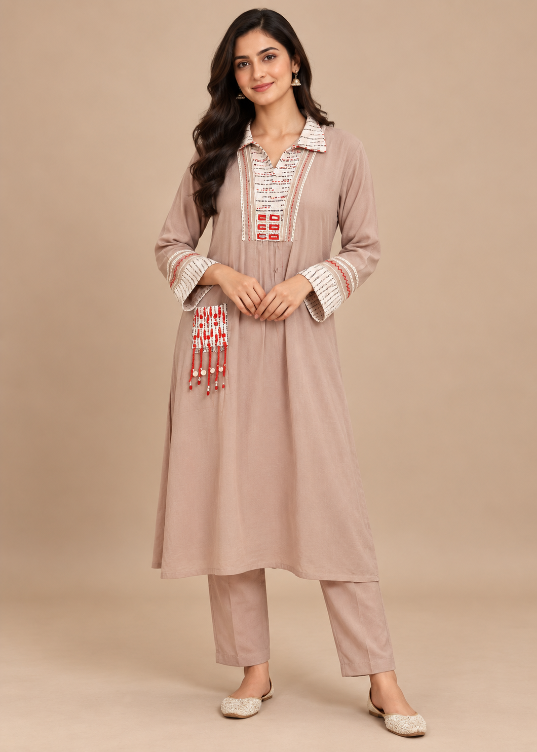 Beige Boho Embroidered Tunic Set