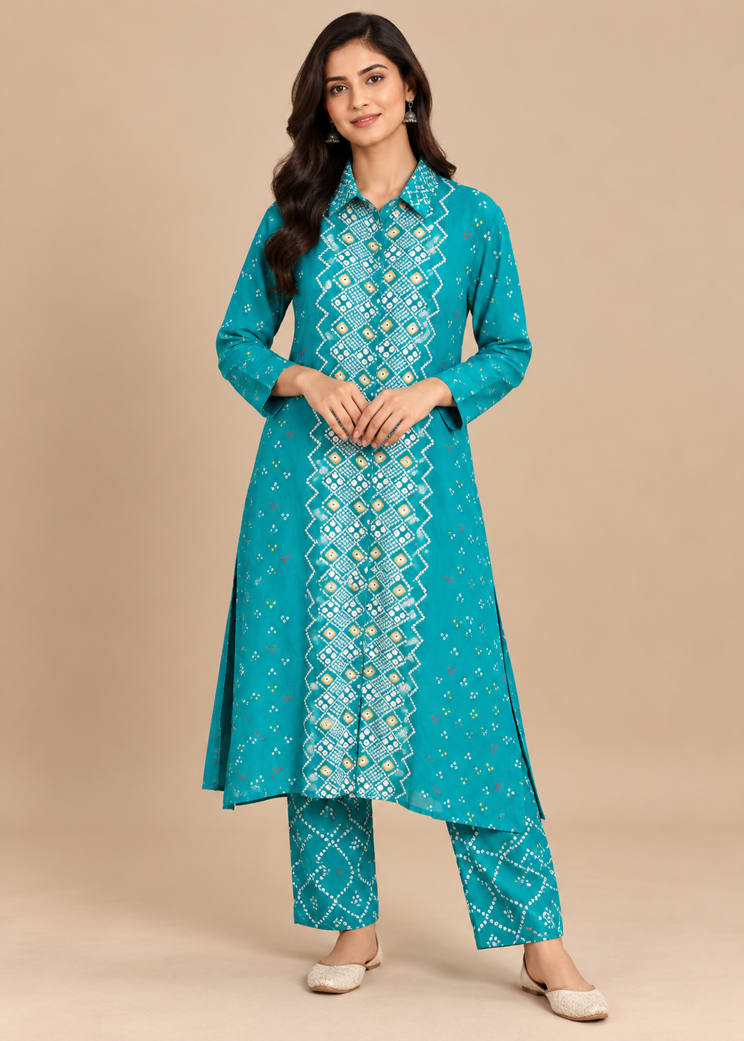 Teal Bandhani Printed Collared Co-Ord Set