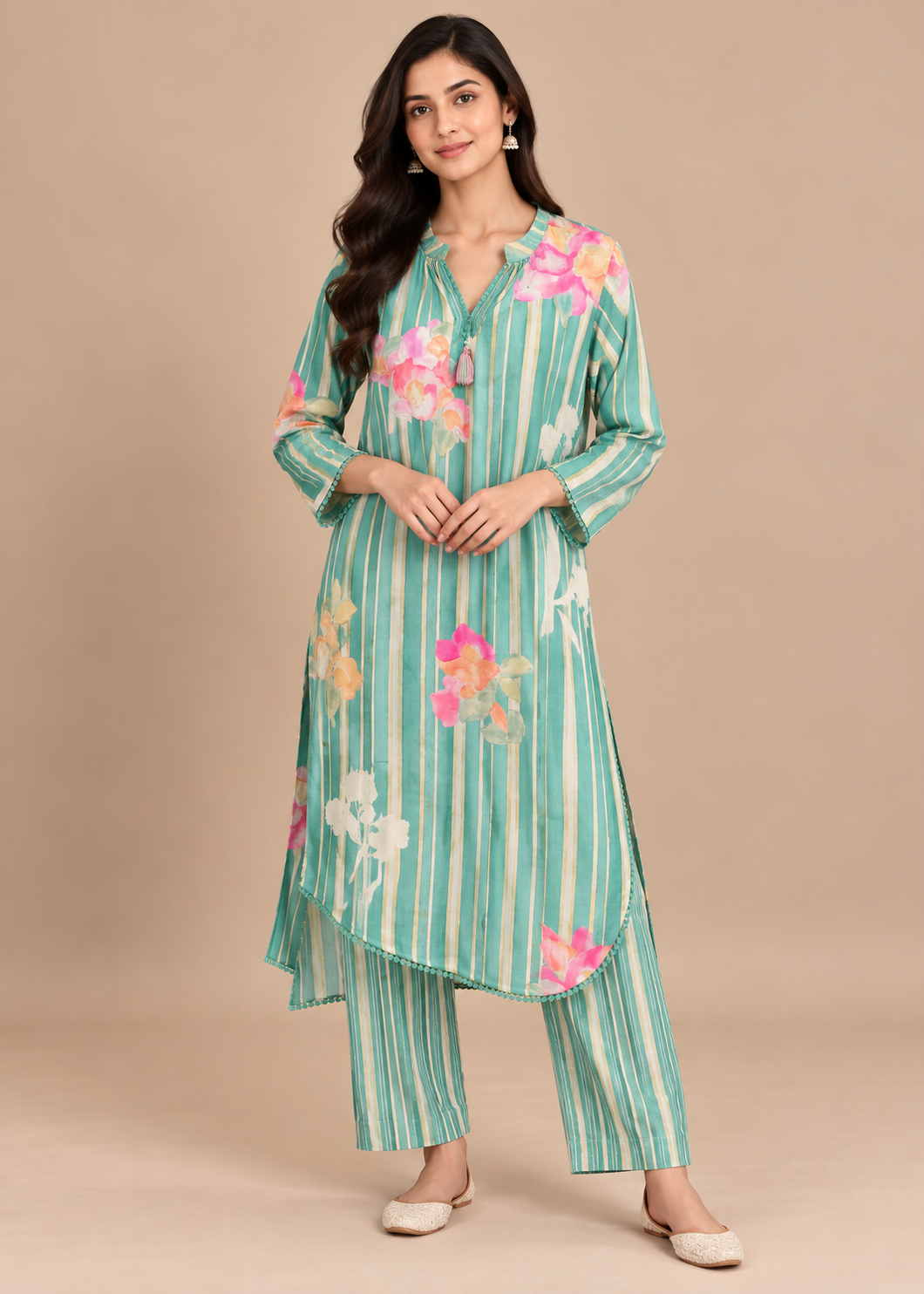 Sea Green Floral Striped Co-Ord Set