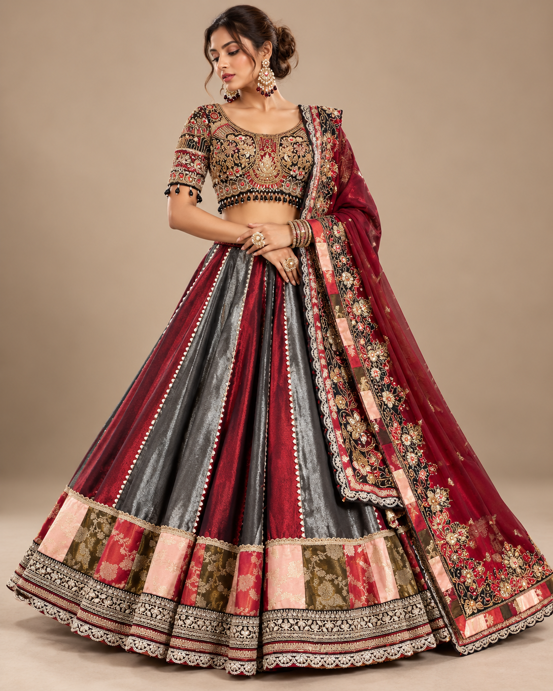 Wine & Charcoal Embroidered Lehenga Set