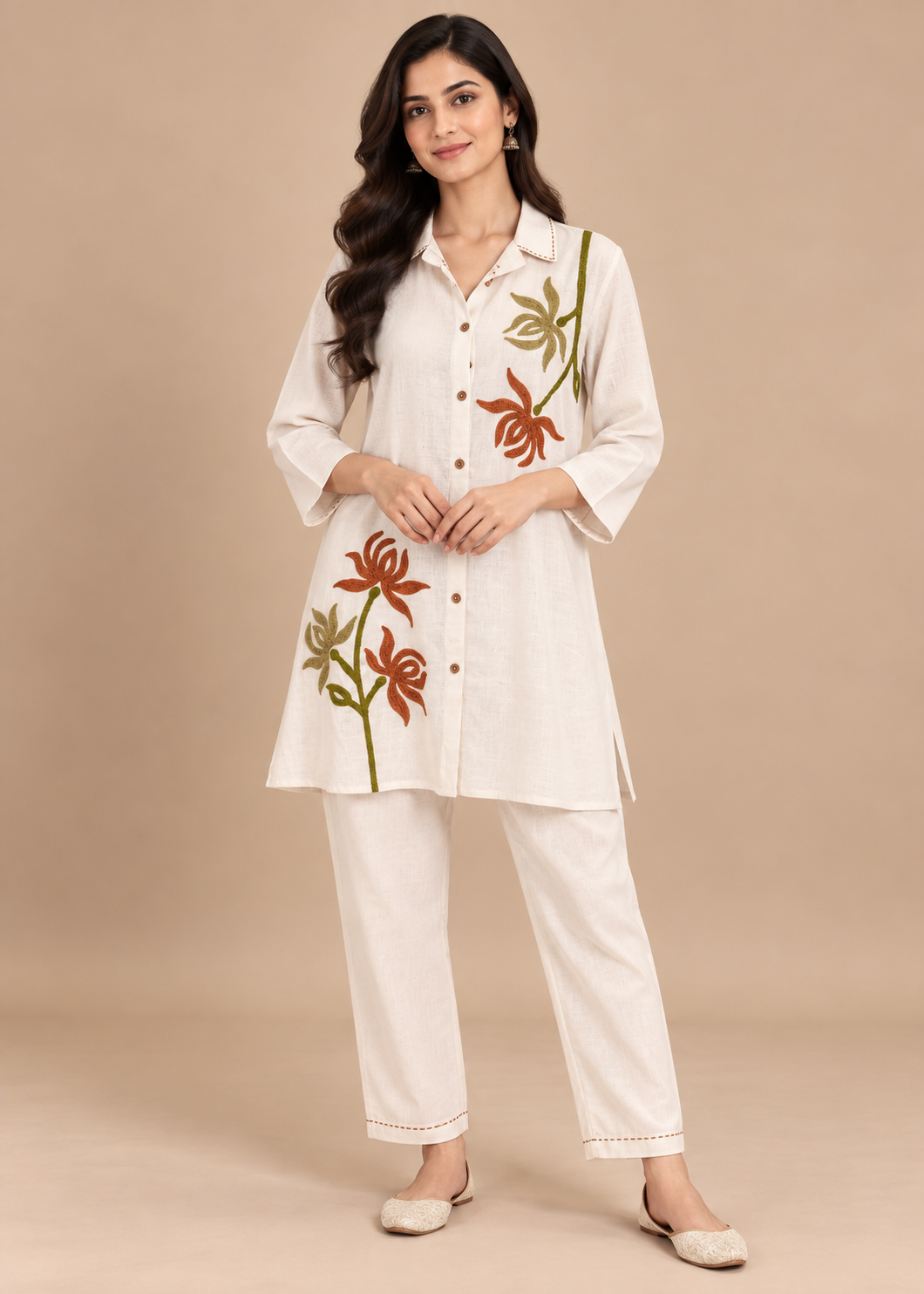 Off-White Floral Thread Embroidered Co-Ord Set Main image