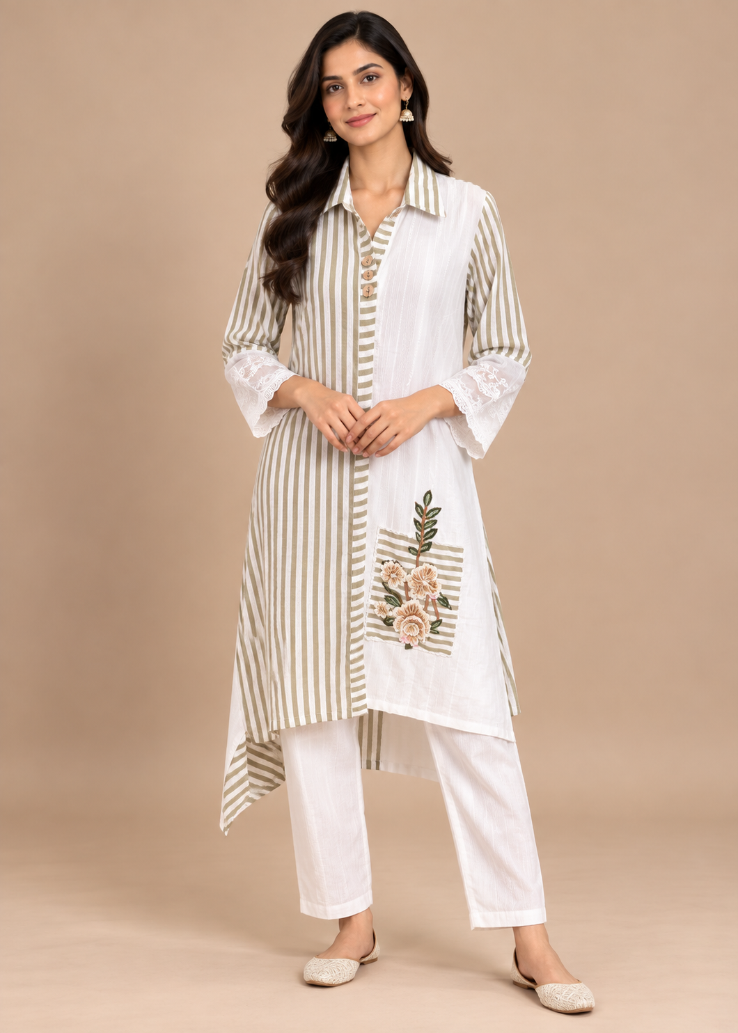 Sage Green Striped Asymmetric Co-Ord Set Main image