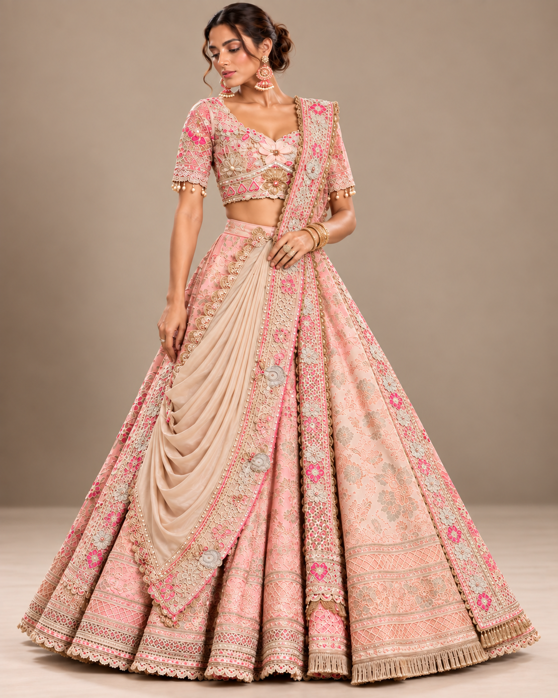 Soft Peach Embroidered Draped Lehenga Set Main image