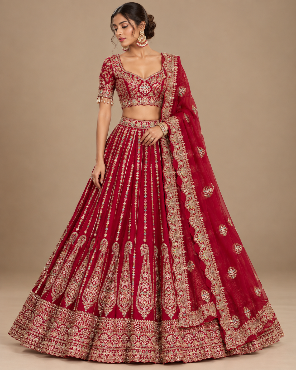 Maroon Bridal Embroidered Lehenga with Double Dupatta