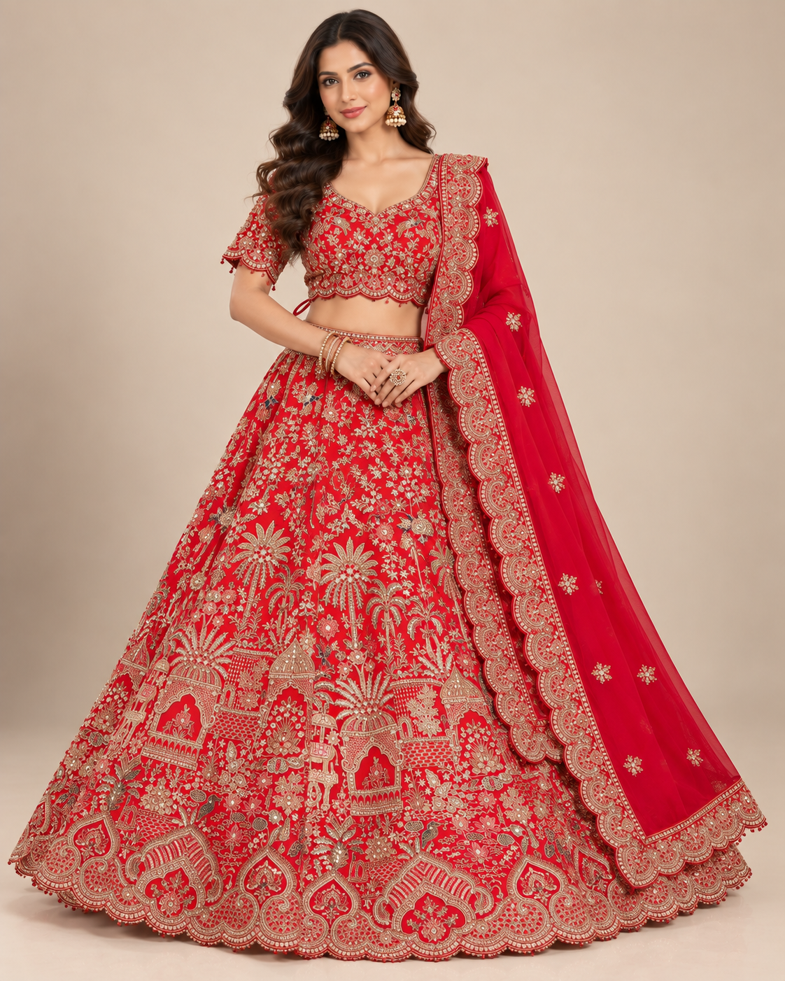 Regal Red Bridal Lehenga Set with Intricate Zari Embroidery