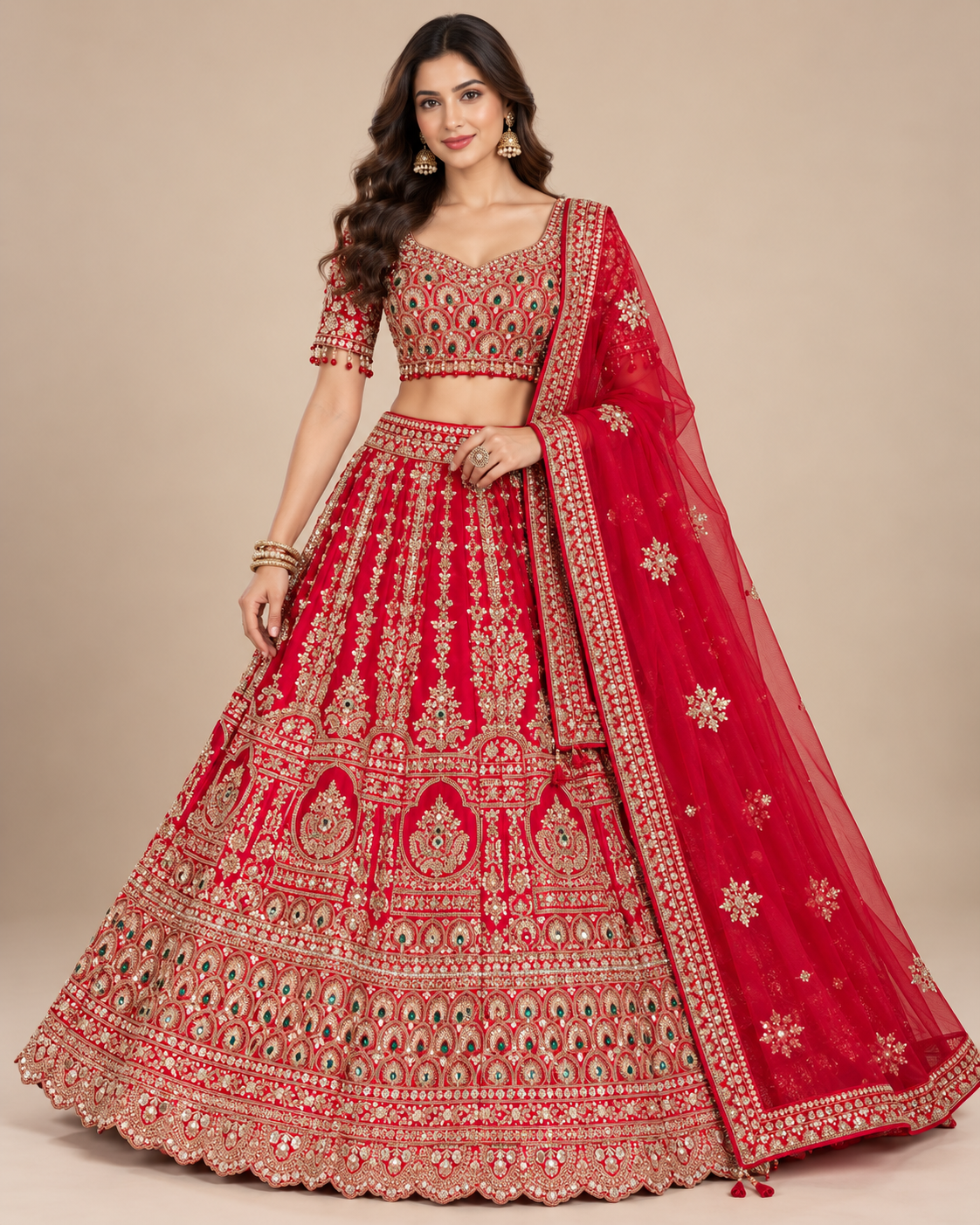 Red Bridal Lehenga with Intricate Gold & Green Embroidery Main image
