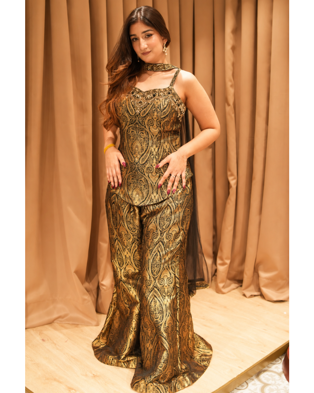 Black & Gold Printed Sharara Suit Set with Dupatta Main image
