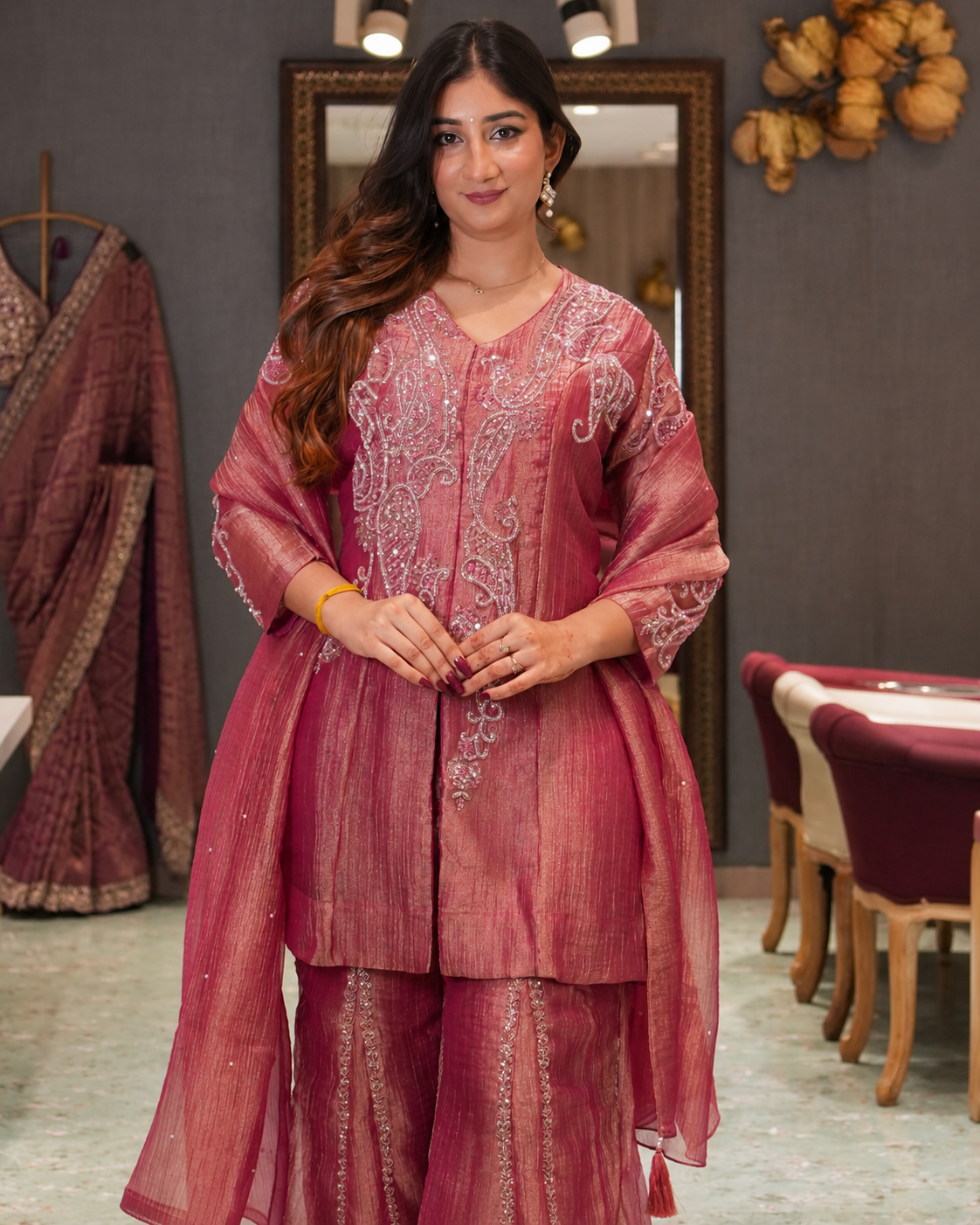 Dusty Rose Embroidered Kurta Palazzo Set with Dupatta