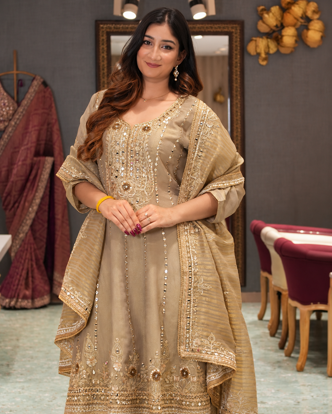 Champagne Gold Embroidered Suit with Dupatta