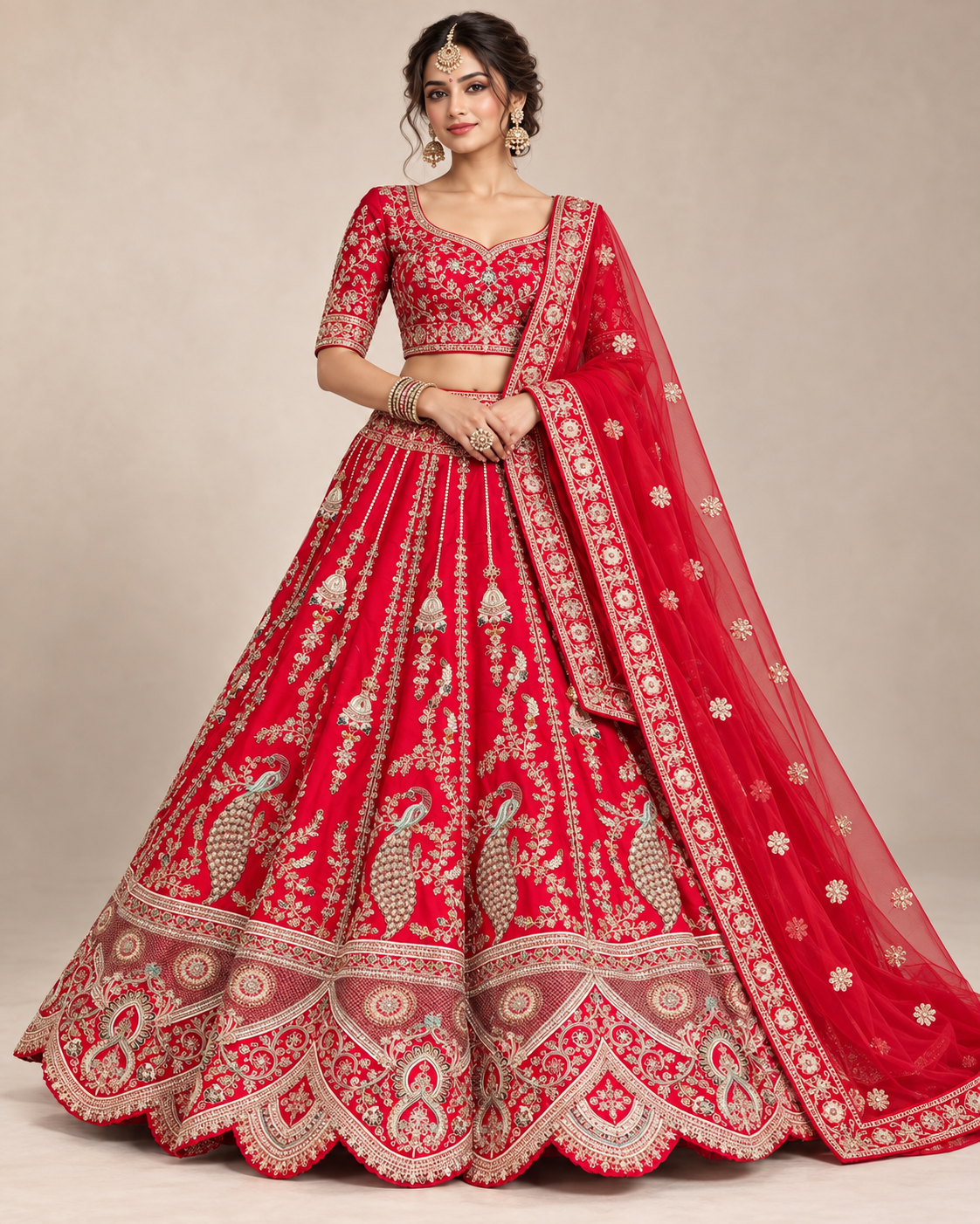 Red Peacock Embroidered Bridal Lehenga Main image