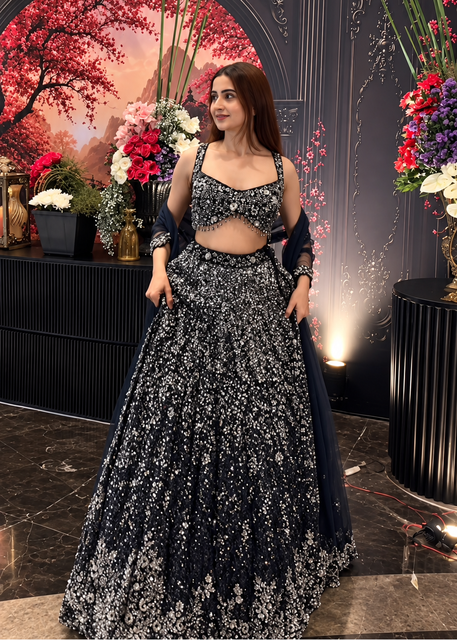 Navy Blue All-Over Sequin Designer Lehenga Set
